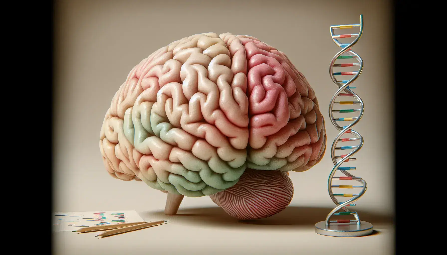 Detailed human brain model with highlighted brain lobes, transparent DNA structure and Rorschach test in the foreground on a neutral background.