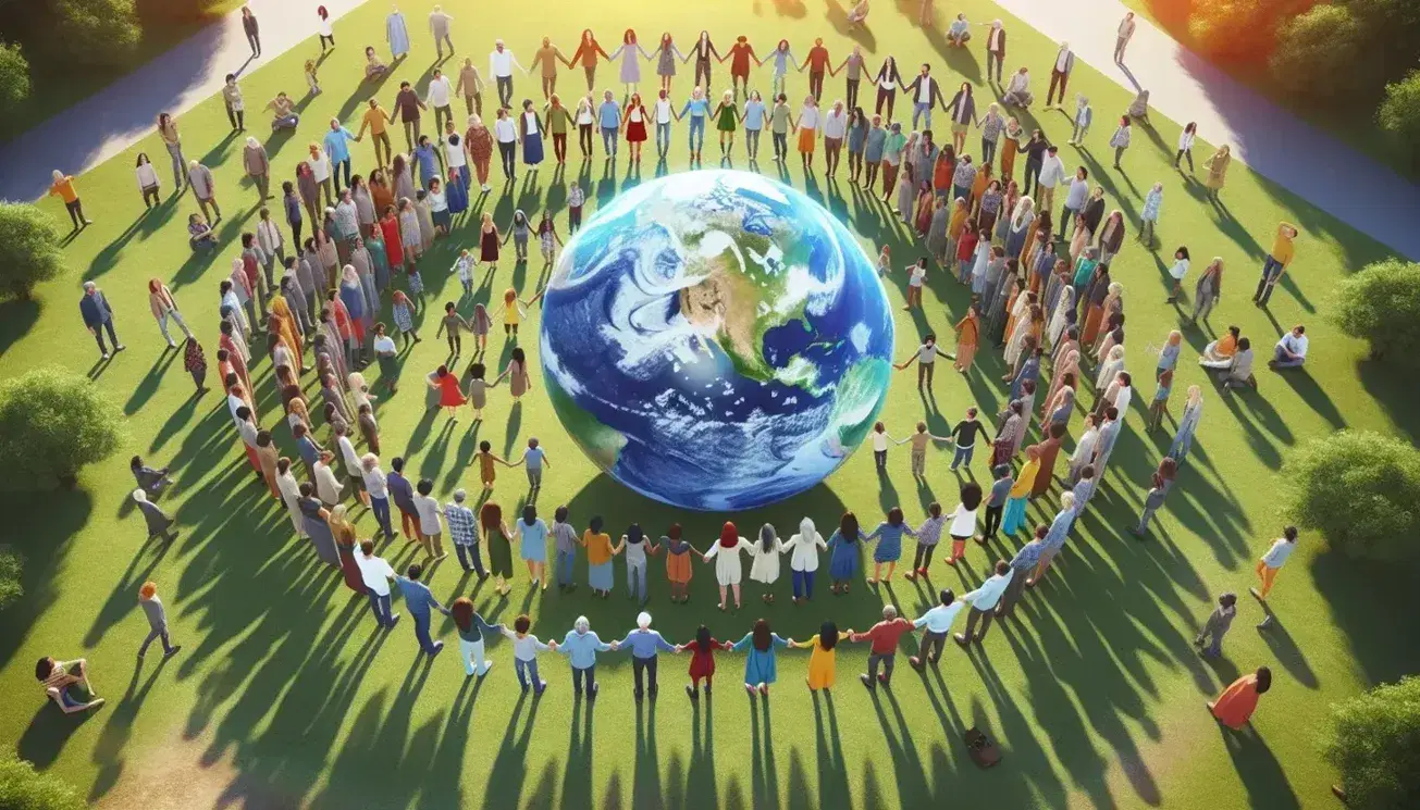 Grupo diverso de personas de diferentes edades y etnias tomadas de las manos alrededor de un globo terráqueo en un parque, simbolizando unidad y cooperación global.