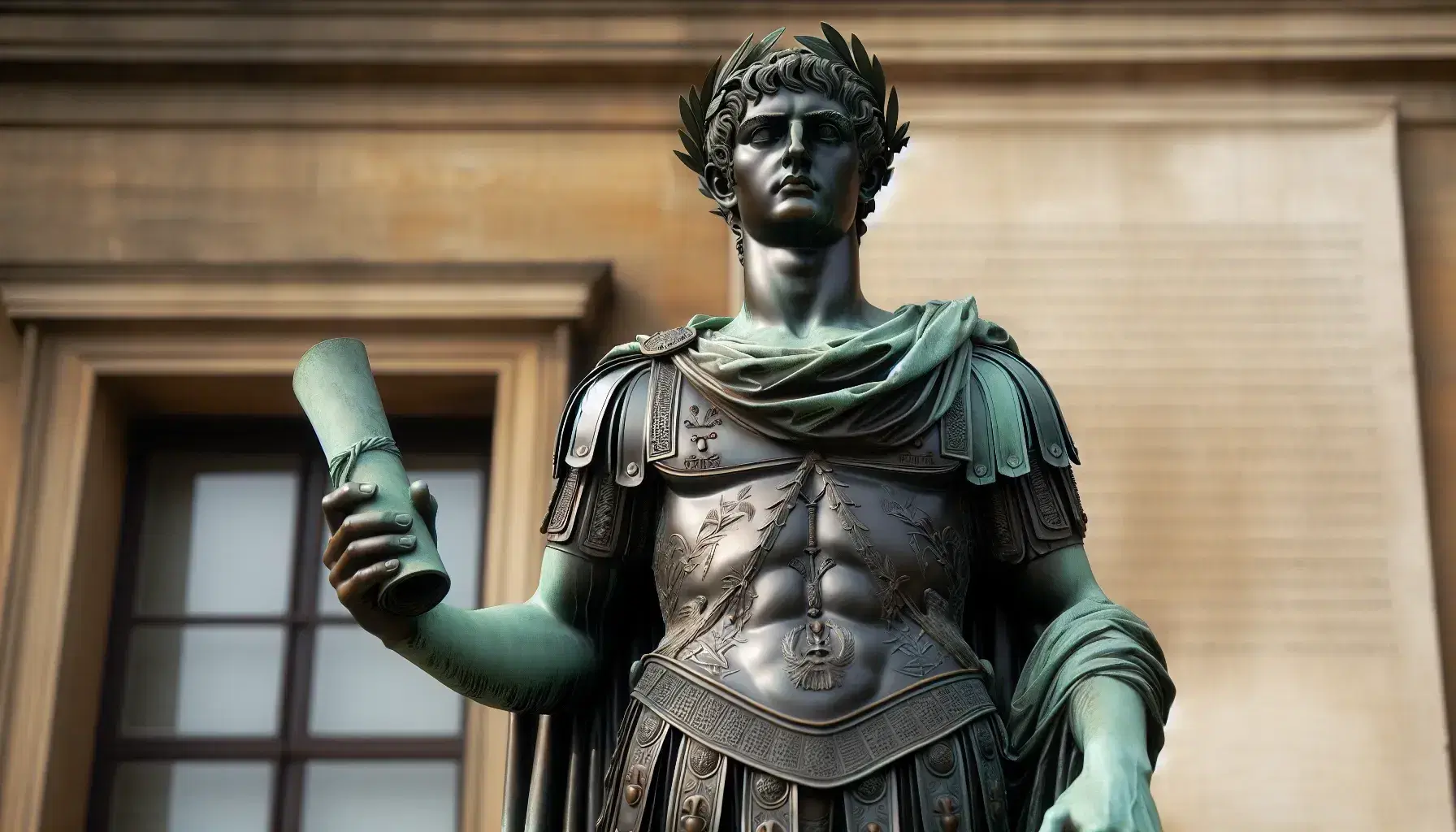 Statua in bronzo di uomo in armatura romana con corona d'alloro, mano sinistra con pergamena e destra alzata, su piedistallo di pietra.