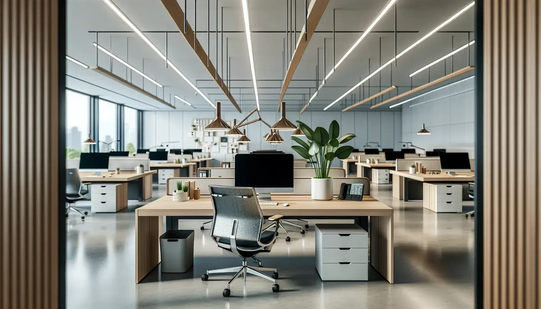 Oficina moderna y luminosa con escritorios de madera, silla ergonómica azul, planta verde, ordenadores y grandes ventanas con vista al cielo azul.