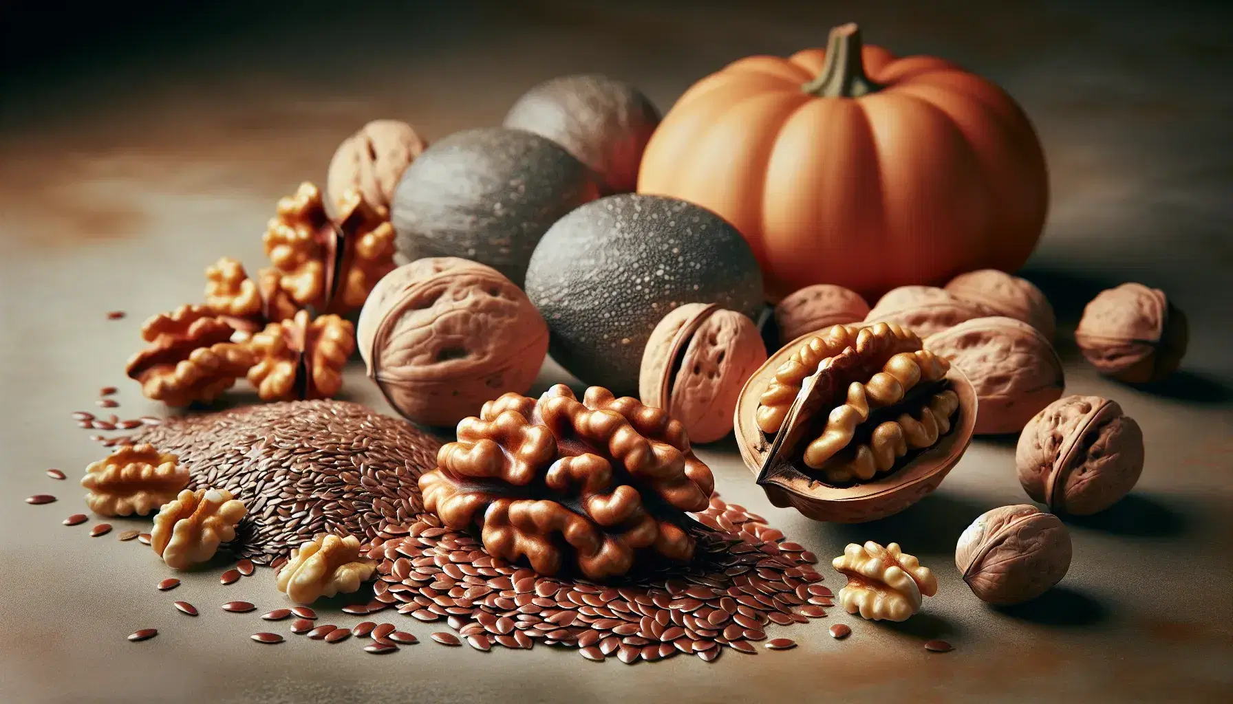 Close-up of natural nuts and seeds rich in conjugated lipids, with flax seeds, shelled walnuts, chia seeds, pumpkin seeds and sunflower seeds.