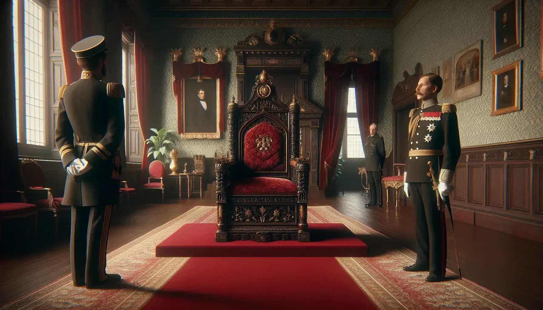 Sala d'epoca elegante con trono in legno scuro e velluto rosso, uomo in uniforme militare con medaglie e uomo in abito formale, pareti in damasco verde e tappeto rosso.