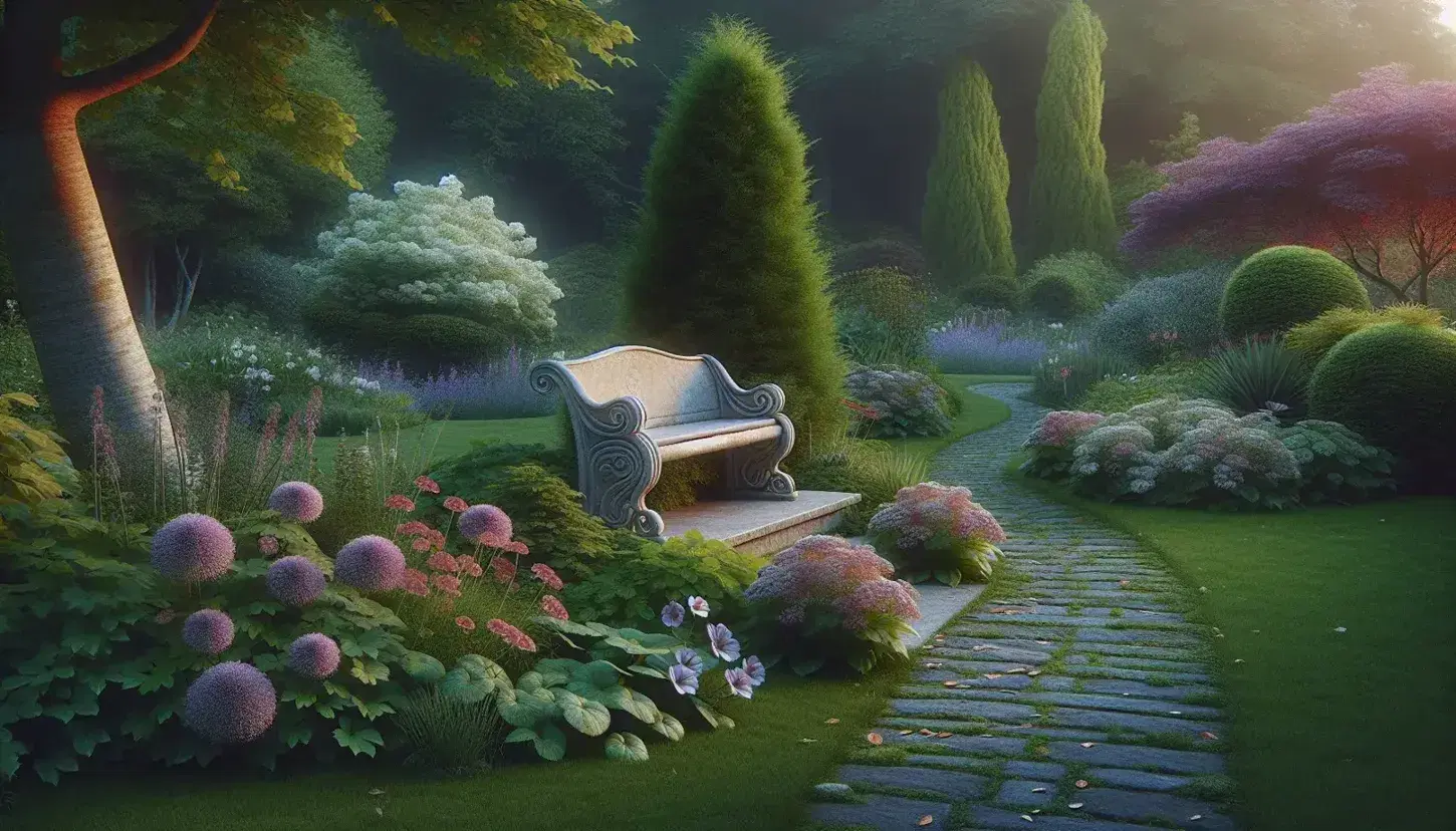 Serene twilight garden with a stone bench, cobblestone path, blooming flowers, and trees with early autumn leaves under a gradient sunset sky.