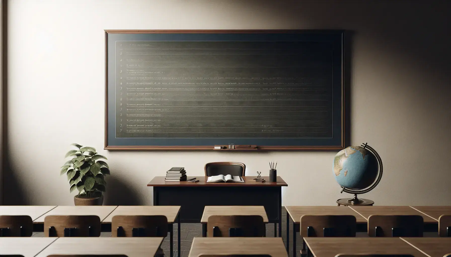 Serene classroom with a large blackboard, wooden teacher's desk with an open textbook, globe, potted plant, and rows of student desks in soft lighting.