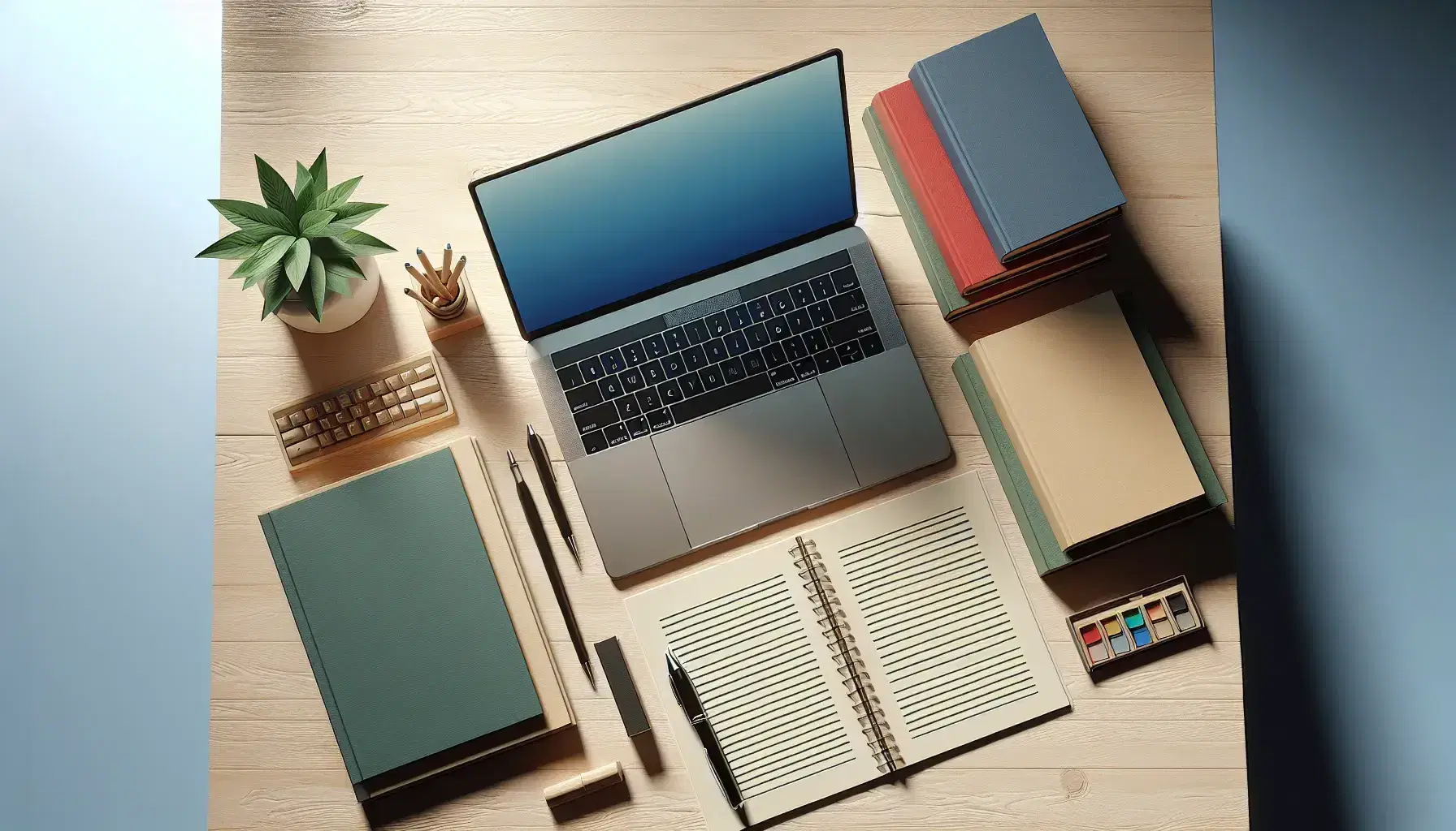 Mesa de madera clara con portátil abierto, libros apilados sin títulos, cuaderno abierto con bolígrafo y planta en maceta blanca, ambiente de estudio sereno.