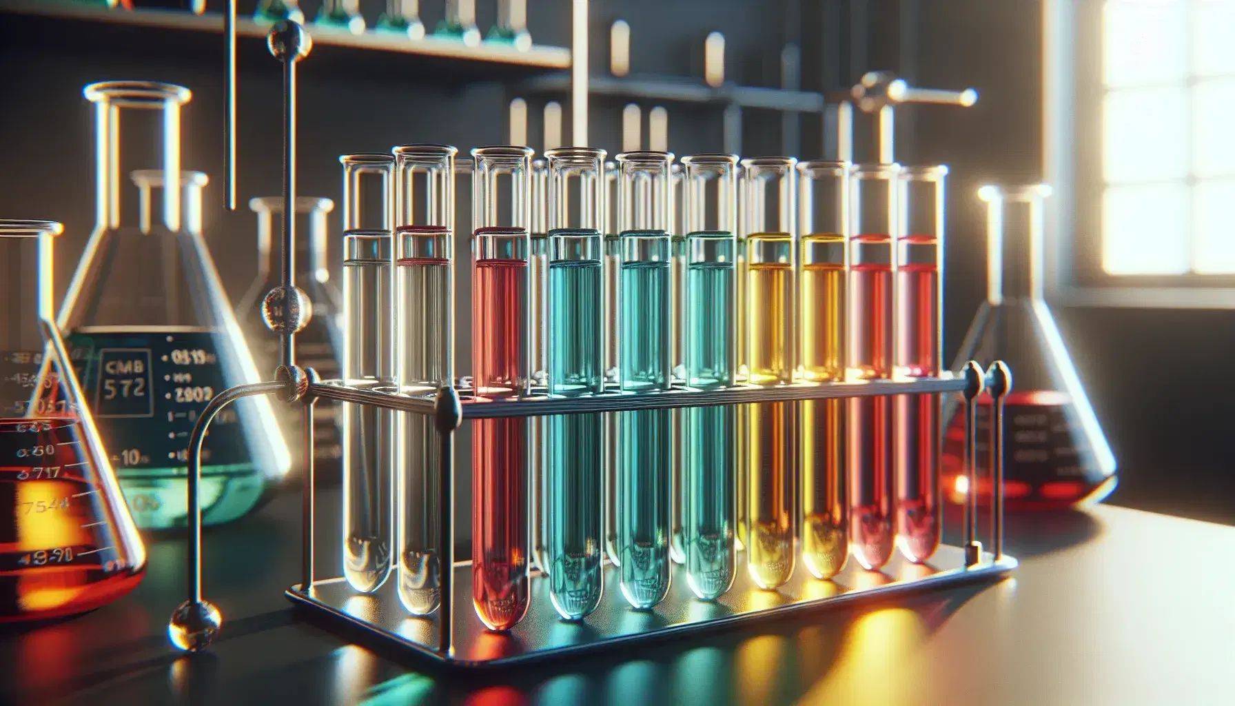 Tubos de ensayo de vidrio con líquidos de colores variados en soporte metálico, con instrumentos de laboratorio desenfocados al fondo.