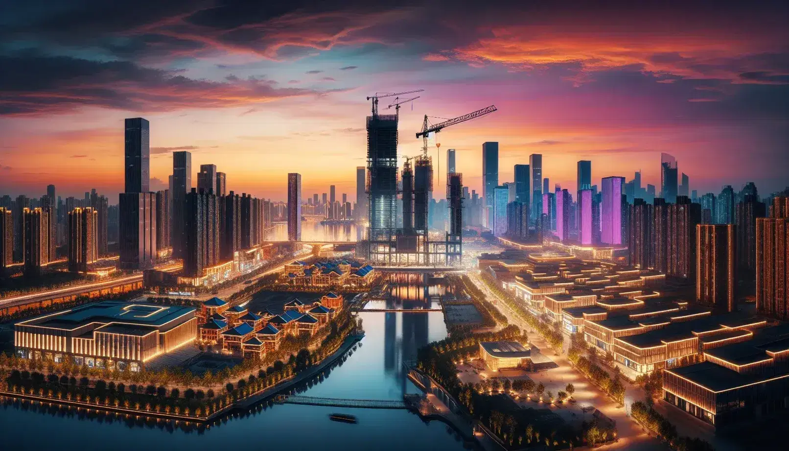 Modern Chinese city skyline at dusk with construction cranes, high-rise buildings, green space, and a reflective river under a gradient evening sky.