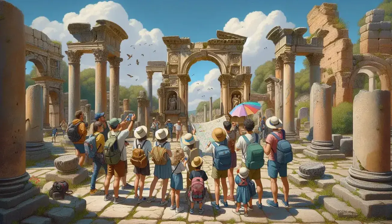 Turisti in visita tra rovine antiche con colonne erose e archi, sotto cielo azzurro con nuvole, guida con ombrello colorato e famiglia che consulta mappa.
