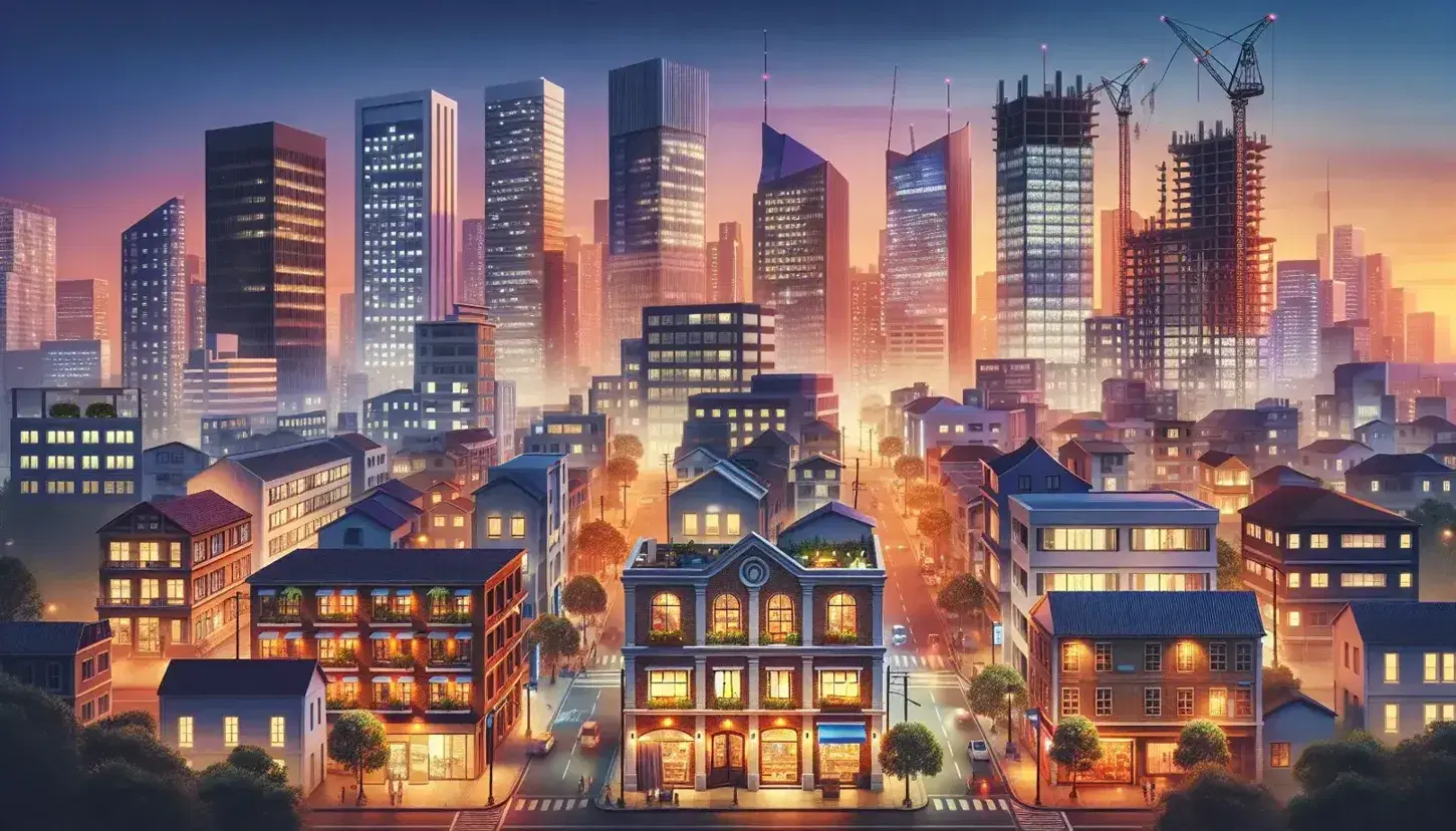 Dusk cityscape with diverse buildings, from a cozy brick shop to towering skyscrapers, reflecting business growth stages under a clear twilight sky.