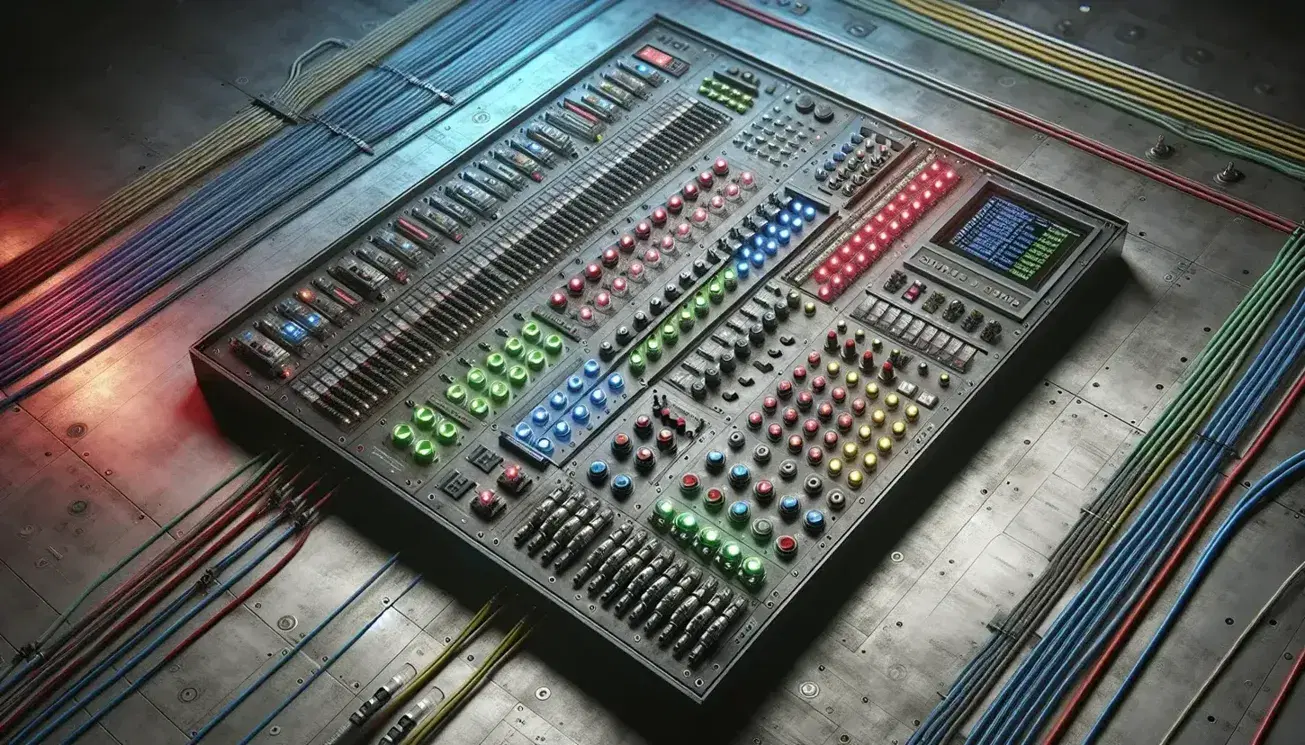 Vista aérea de panel de control industrial con luces LED, interruptores, botones y cables de colores, y pantallas digitales mostrando barras de progreso.