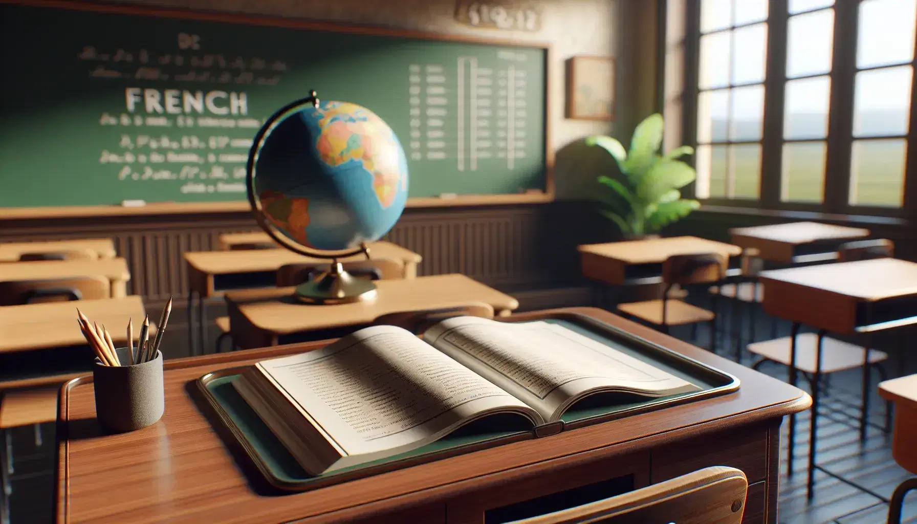 French language classroom with a teacher's desk, open textbook, chalkboard, globe, potted plant, and rows of student desks in a serene learning environment.