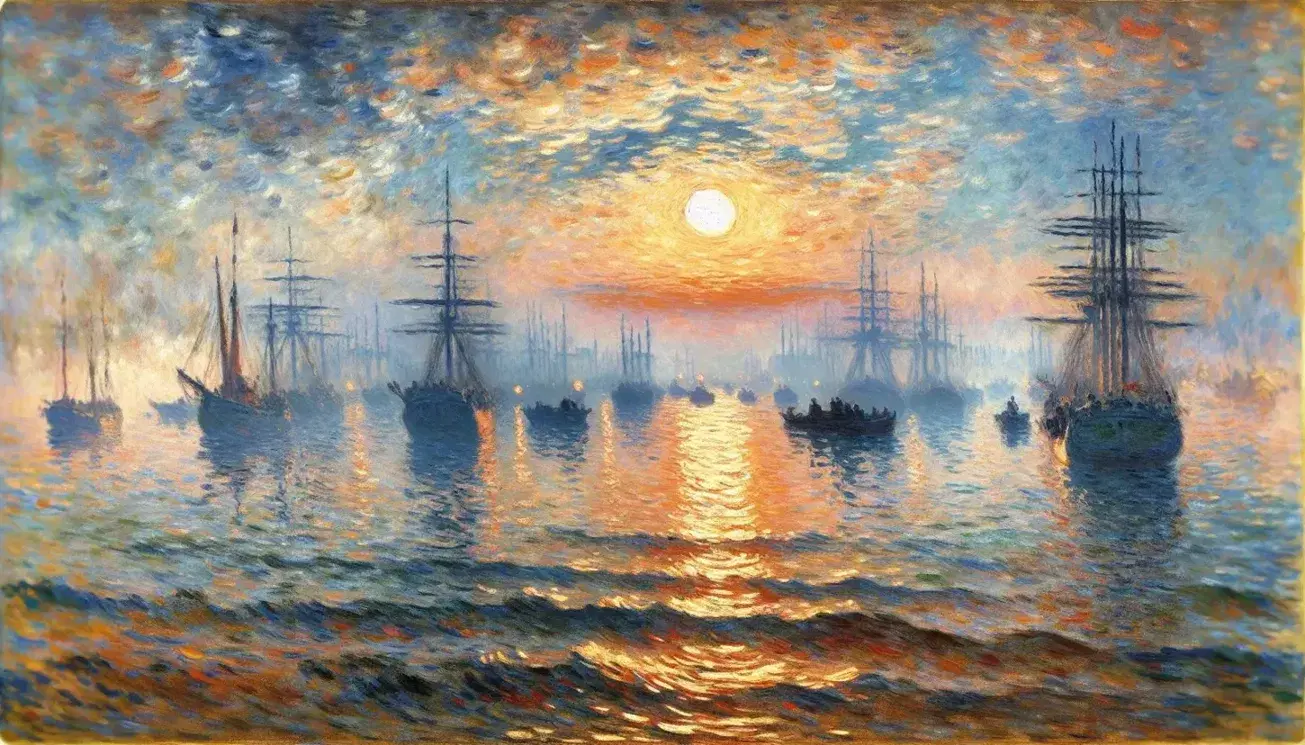 Riproduzione del quadro 'Impression, alba' di Monet, con cielo e mare in toni di arancio, blu e grigio, sole riflesso nell'acqua e sagome di navi nella foschia.
