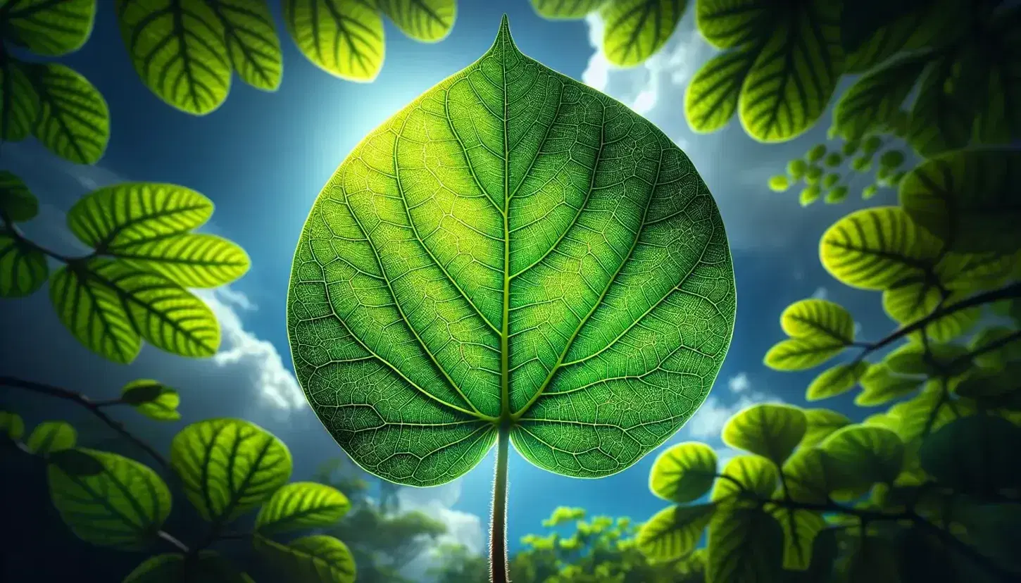 Hoja verde vibrante con textura detallada y venas visibles, iluminada por el sol con cielo azul y nubes al fondo en un entorno natural.