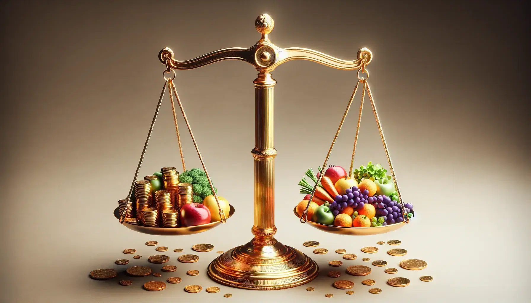 Balanza de dos platos en equilibrio con monedas variadas en uno y alimentos miniatura como manzana, uvas y zanahoria en el otro, sobre fondo neutro.