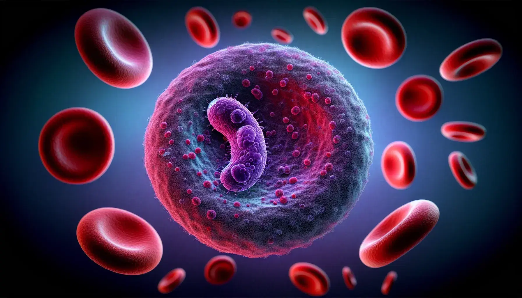 Microscopic view of a Plasmodium sp. parasite in a red blood cell, surrounded by uninfected cells, with a blue gradient background.