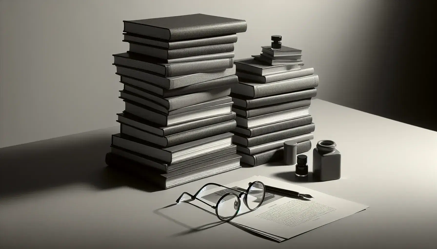 Pila disordinata di libri in bianco e nero con occhiali tondi appoggiati e calamaio sfocato sullo sfondo.
