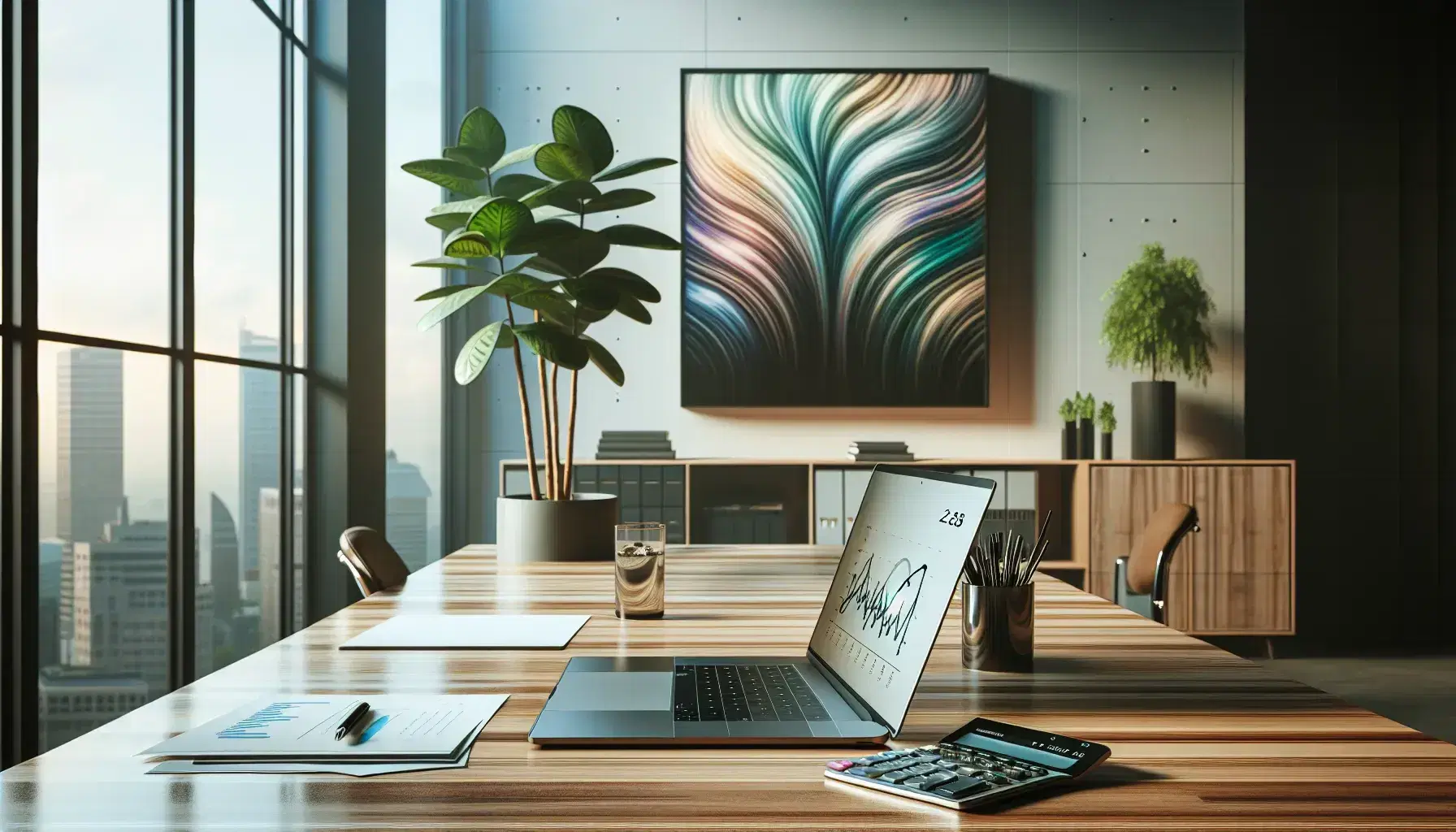 Modern office with a wooden desk featuring a laptop, calculator, and papers with a line graph, a potted plant, abstract art, and a cityscape view through a window.