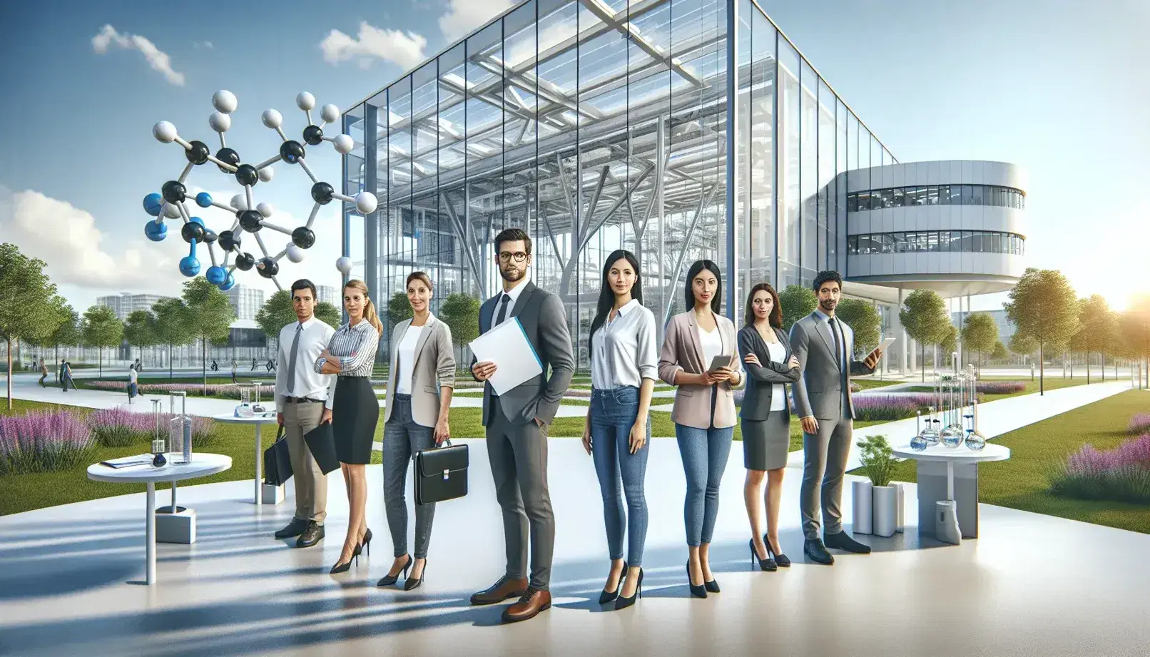 Grupo diverso de profesionales frente a edificio moderno con elementos de naturaleza y modelo molecular en primer plano, simbolizando innovación y sostenibilidad.
