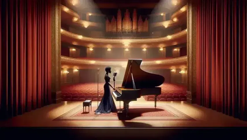 Majestic concert hall with stage, red velvet curtains, shiny black grand piano and African American singer in elegant dress.
