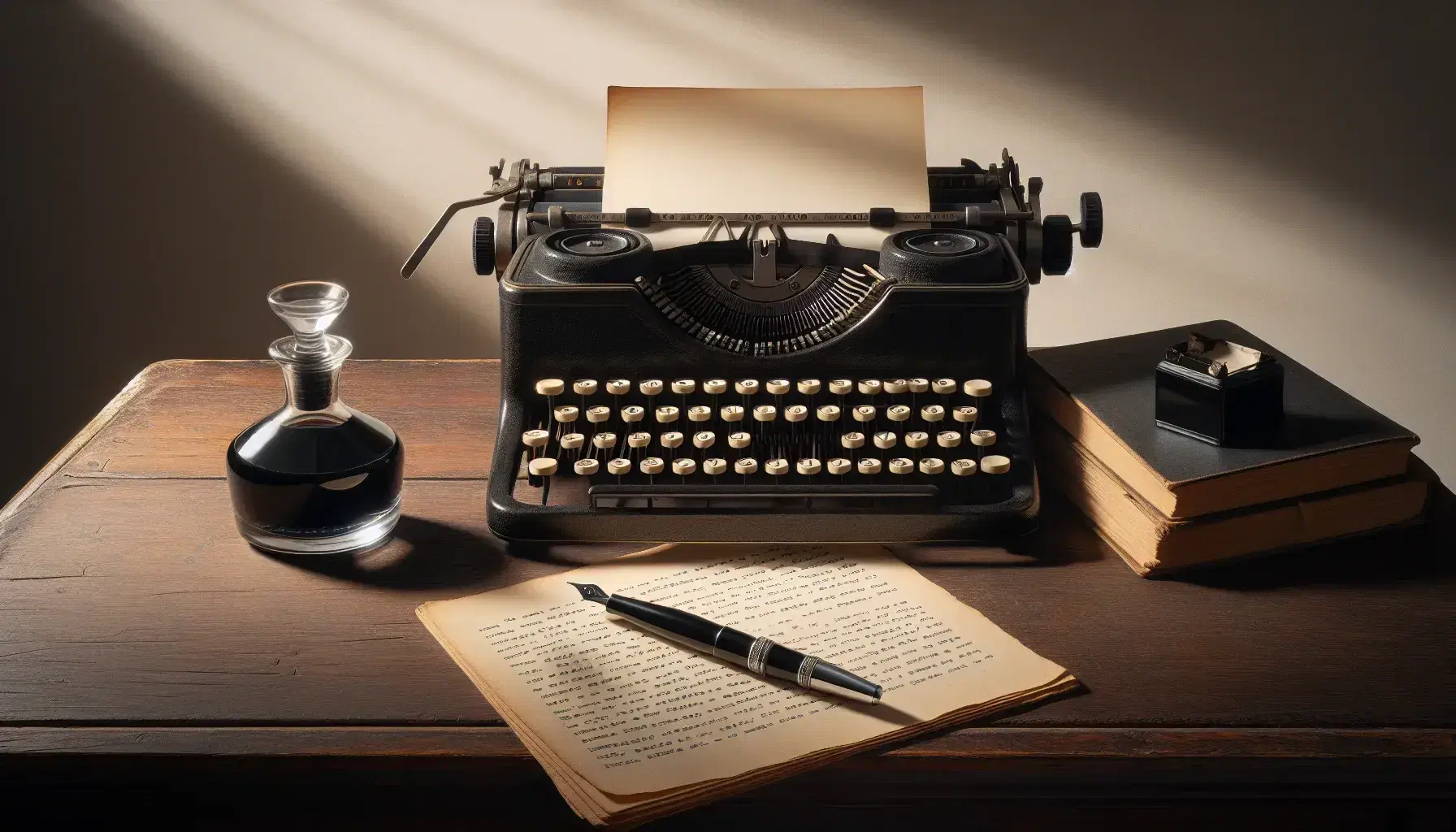 Scrivania in legno scuro con macchina da scrivere vintage, calamaio di vetro e penna stilografica accanto a libro aperto e foglio bianco.