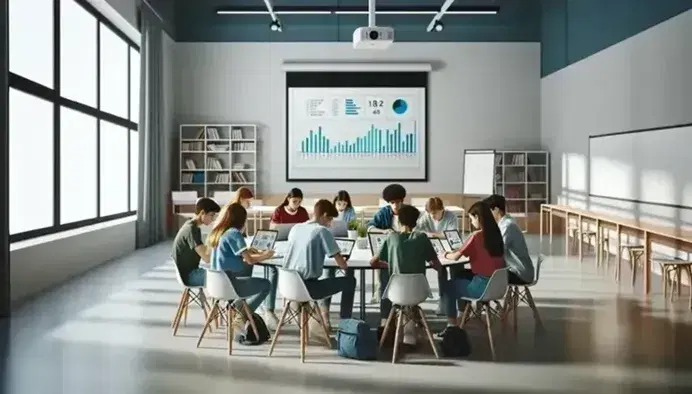 Aula escolar moderna y luminosa con cinco estudiantes de diversas etnias concentrados en tablets digitales alrededor de una mesa redonda, con pizarra blanca y proyector apagado al fondo.