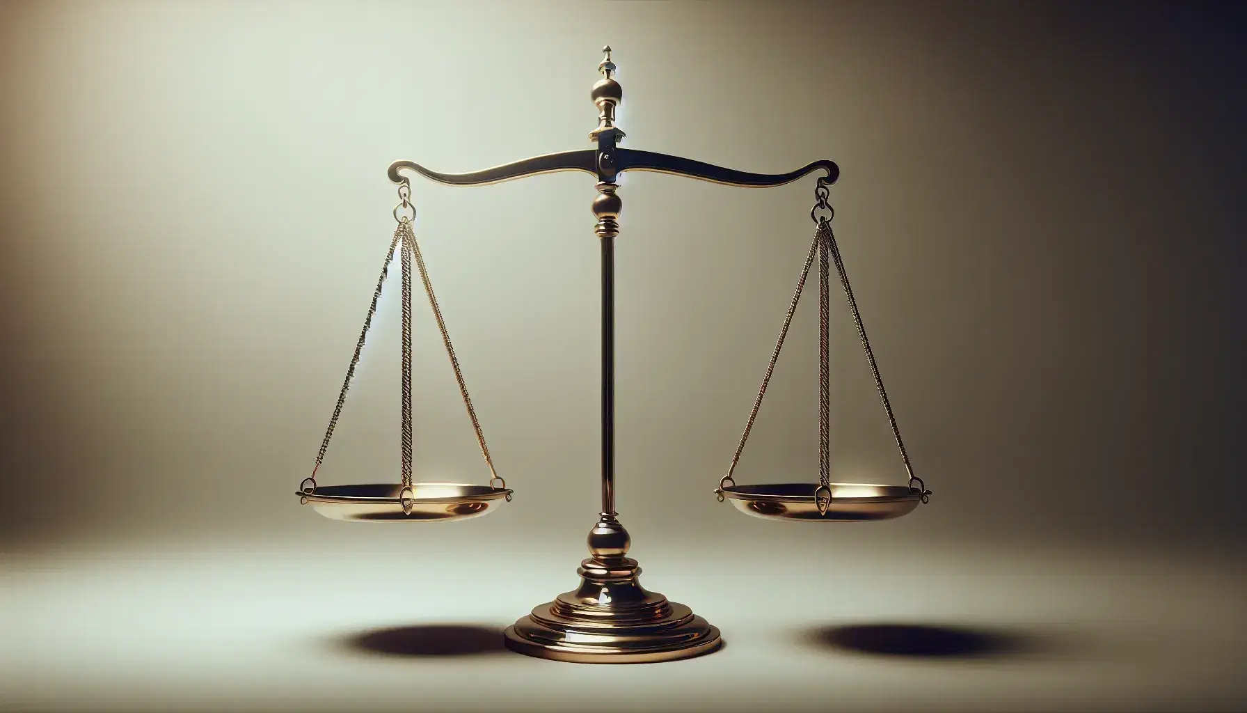 Balanced golden justice scale with empty pans in equilibrium, set against a plain, neutral background, symbolizing fairness and law.