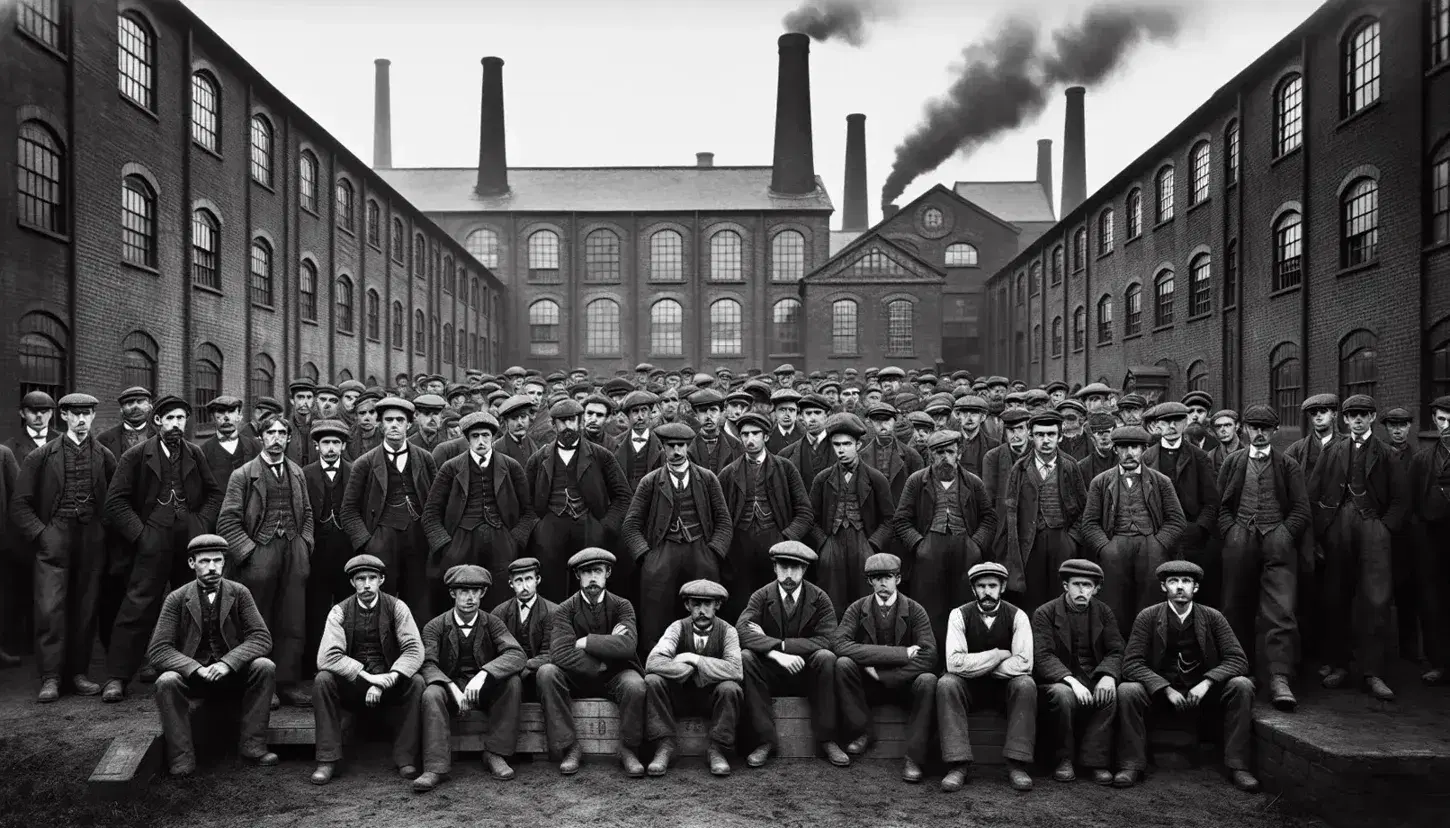 Operai in abiti d'epoca davanti a fabbrica industriale del XIX secolo con ciminiere fumanti, riflettono l'era industriale.