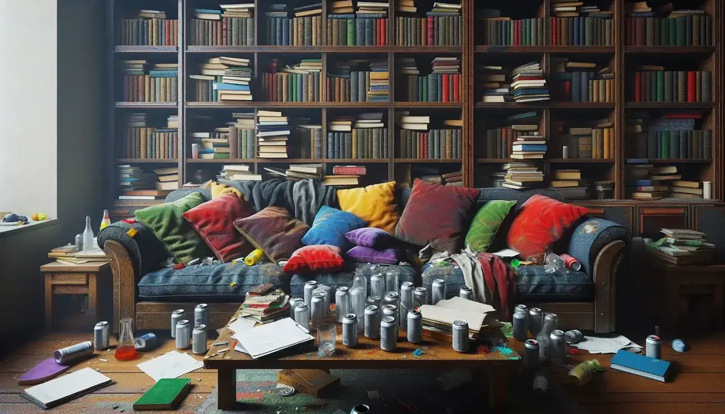 Cluttered room with a worn blue couch, colorful pillows, a wooden coffee table with soda cans, a bookshelf with unmarked books, and a desk with scientific glassware.