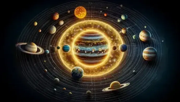 Rappresentazione topografica del Sistema Solare con il Sole al centro e otto pianeti in orbita, da Mercurio a Nettuno, su sfondo stellato.
