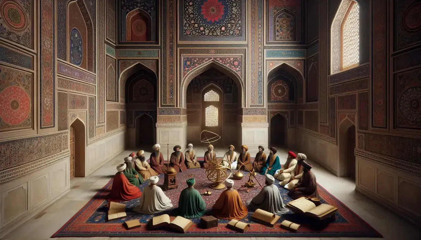 Historical Mughal architecture interior with intricate patterns, archways, and a diverse group in period attire engaged in discussion on a Persian carpet.