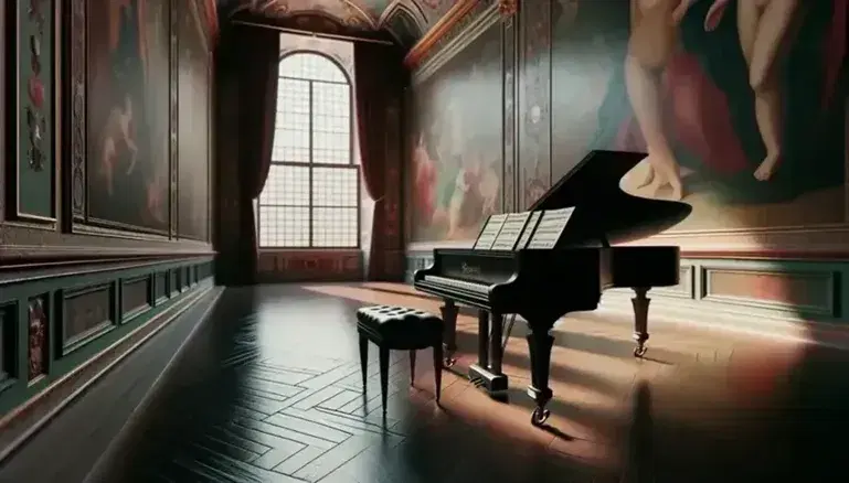 Pianoforte a coda antico nero lucido in sala storica con affreschi, leggio in legno, spartito e tende rosse vellutate.