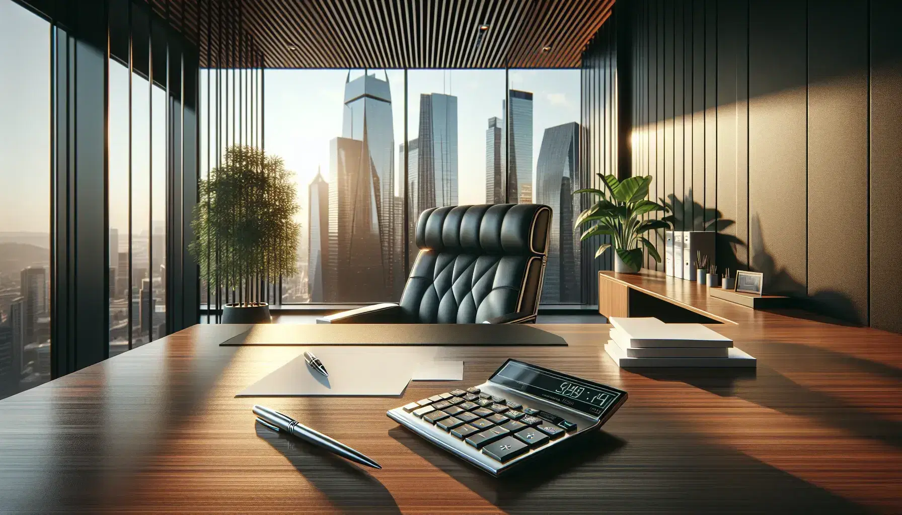 Polished wooden desk with calculator and papers, black leather executive chair, and city skyline view through a large window in a modern office.