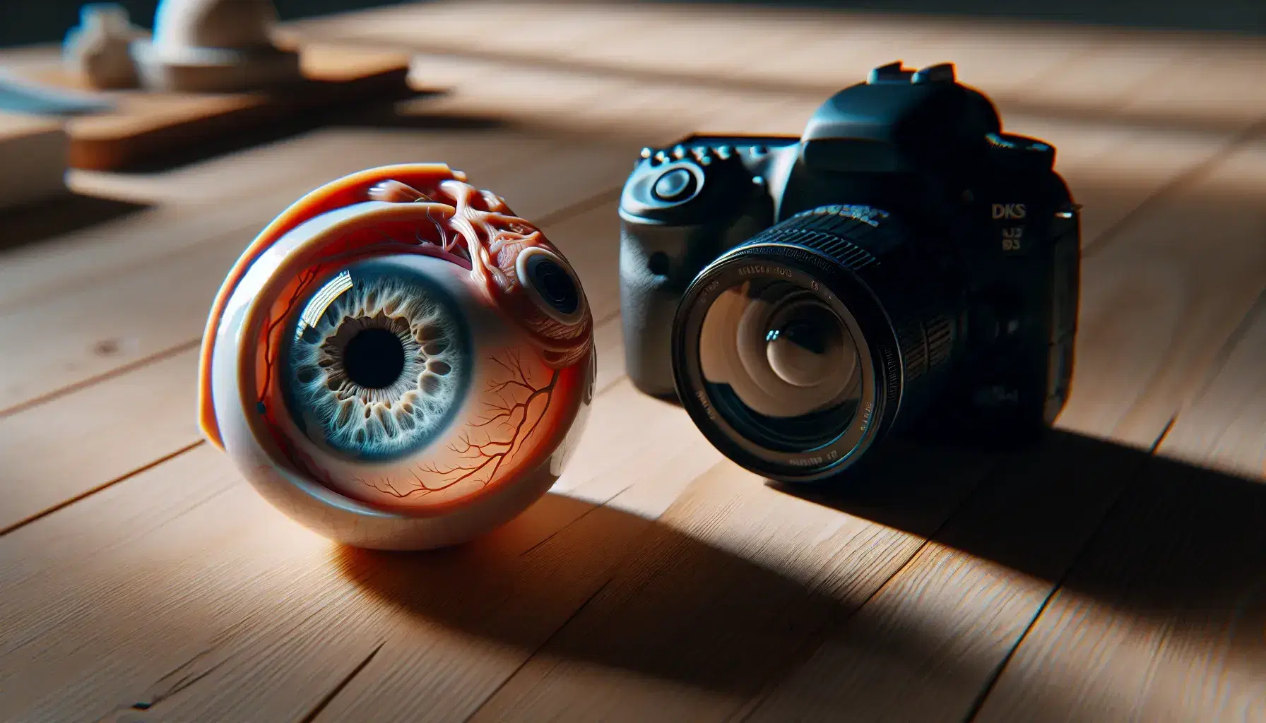 Modelo anatómico detallado de un ojo humano de plástico con iris azul junto a una cámara DSLR negra con lente de zoom sobre mesa de madera clara.