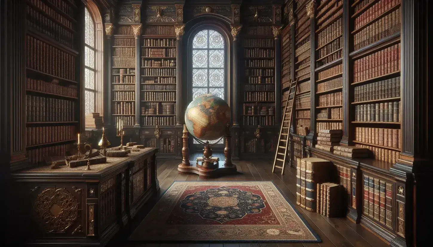 Biblioteca antica con scaffali in legno scuro pieni di libri rilegati, scala, scrivania con globo e telescopio, tappeto persiano e statua marmorea.