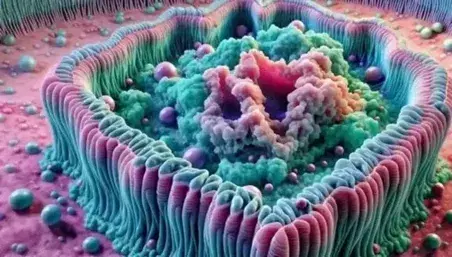 Cell membrane detail with embedded proteins, phospholipids in shades of pink and folded proteins in blue and green, in aqueous environment.