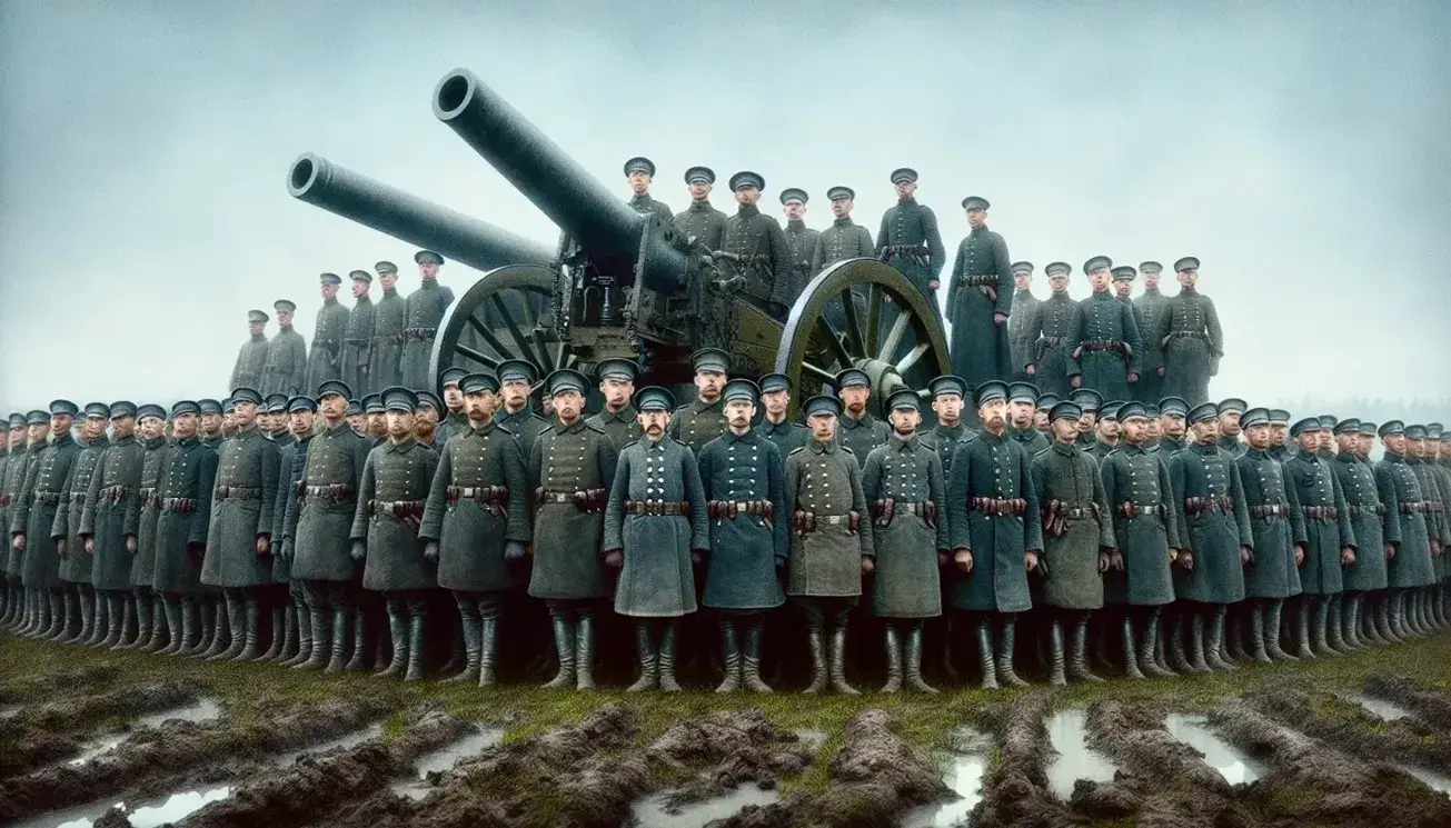 Soldados en uniformes militares de principios del siglo XX en formación con artillería antigua y bandera indistinguible bajo cielo azul.