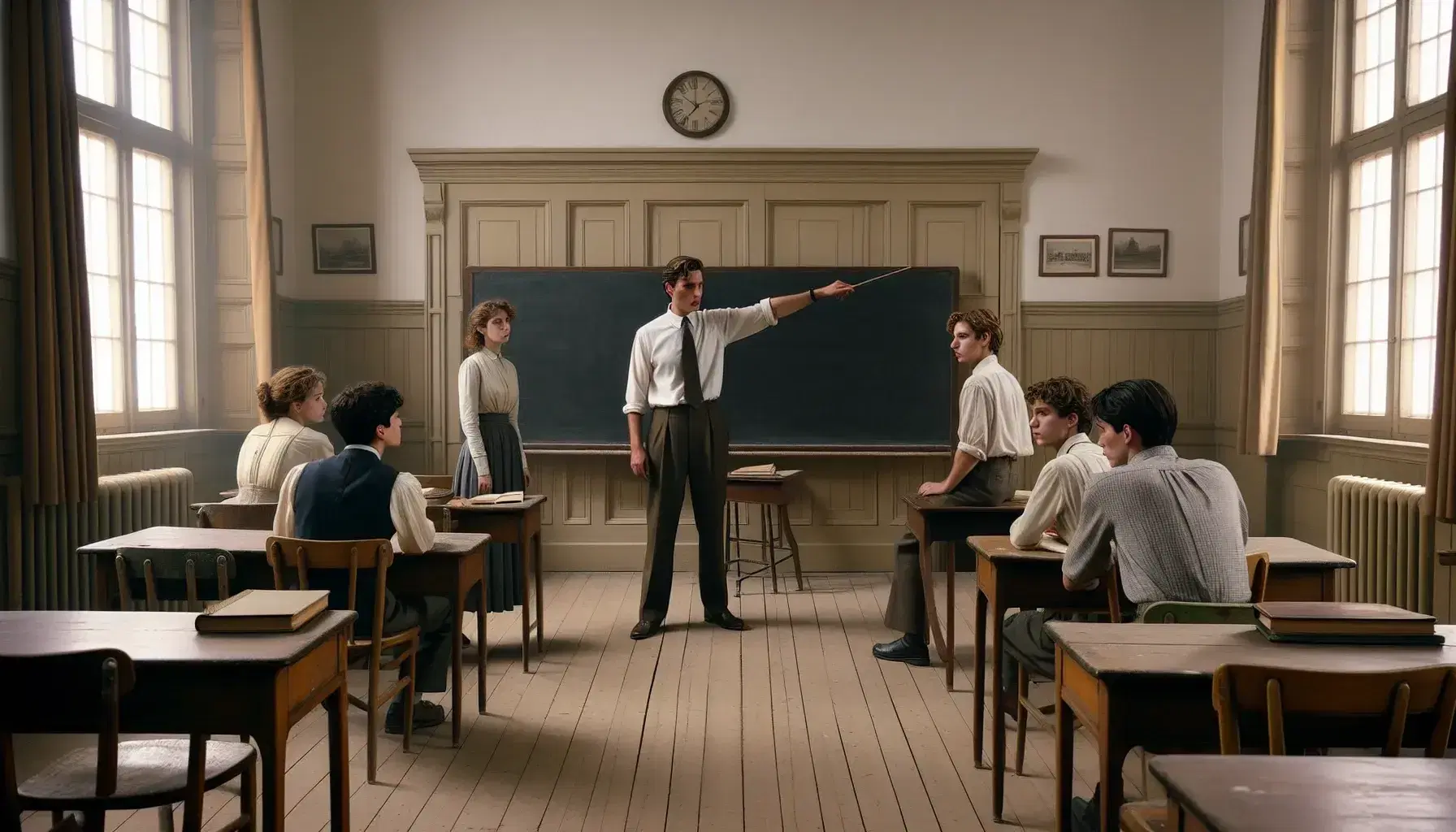 Profesor señalando pizarra vacía y cuatro estudiantes atentos con libros en aula iluminada naturalmente, sin escritos visibles, ambiente académico.
