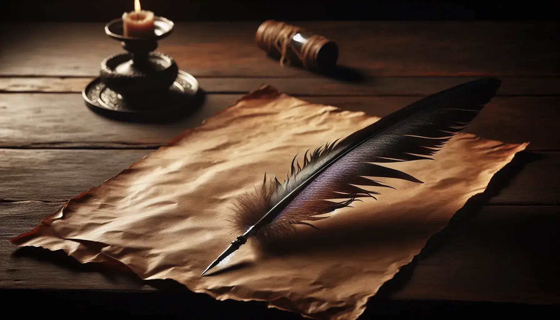 Quill pen on blank parchment with curled edge on a dark wooden table, candlelight in the background casting warm shadows.