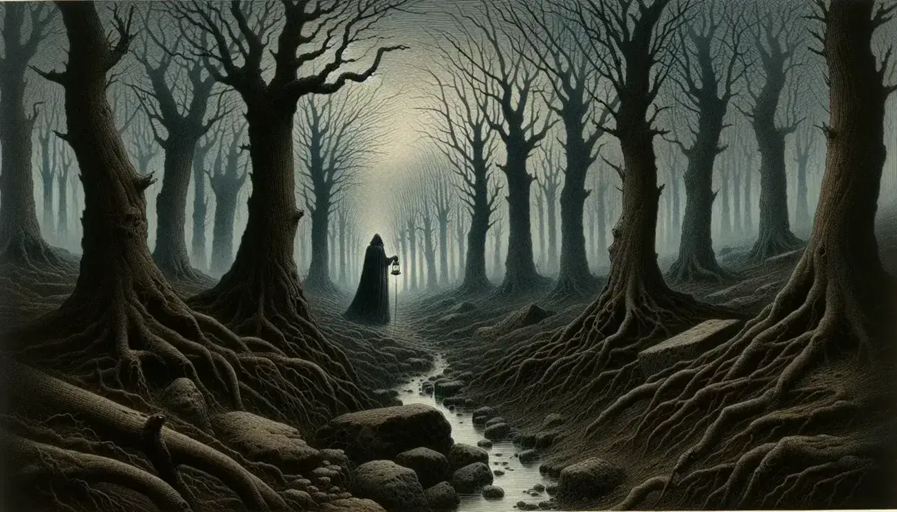Illustrazione artistica di una foresta nebbiosa con alberi spogli, sentiero tortuoso, figura solitaria con mantello e lanterna spenta, e ruscello.