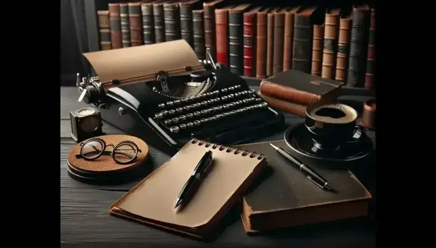 Escritorio de madera oscura con máquina de escribir vintage, bloc de notas, pluma elegante, taza de café y gafas, con estantería de libros al fondo.