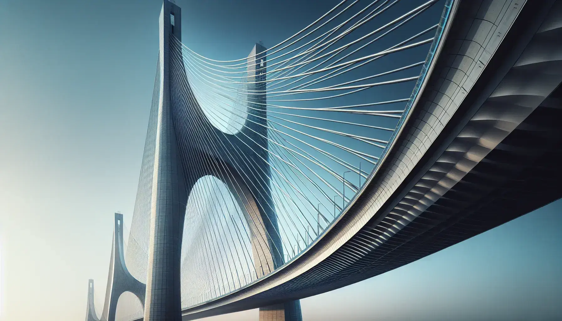 Close-up view of a suspension bridge's curved steel cables against a clear blue sky, with sunlight highlighting its symmetrical design and angular towers.