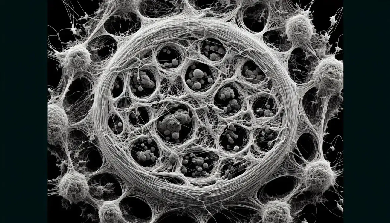 Micrografía electrónica de transmisión en blanco y negro mostrando el citoesqueleto entrelazado de una célula eucariota con filamentos y fibras.