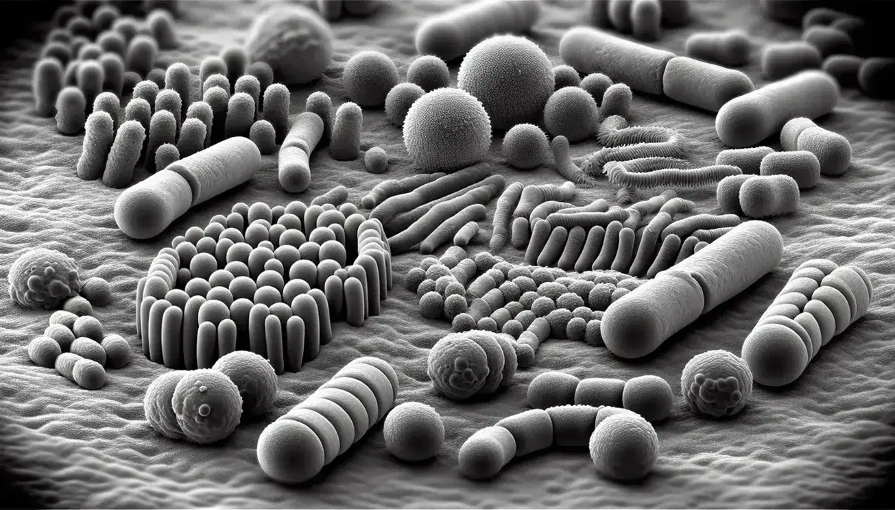 Microscopio electrónico muestra bacterias coccoides, bacilares y espirales en superficie plana con texturas y sombras en tonos de gris.