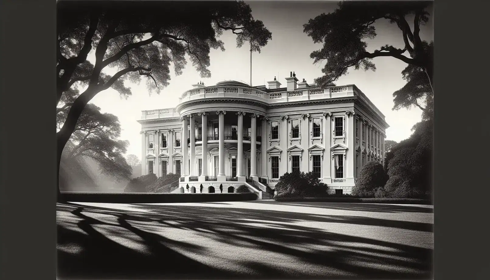 Vintage 1930s neoclassical building with white columns and portico, set against a clear sky with a manicured lawn and scattered trees.