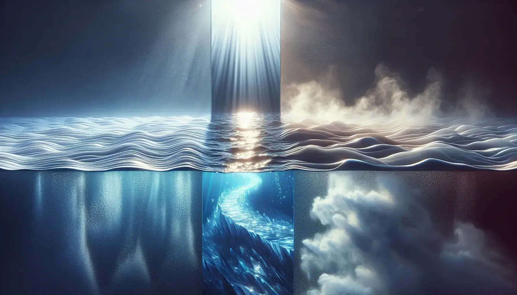 Rappresentazione grafica dei tre stati della materia: ghiaccio solido in basso, acqua liquida al centro e vapore gassoso in alto.