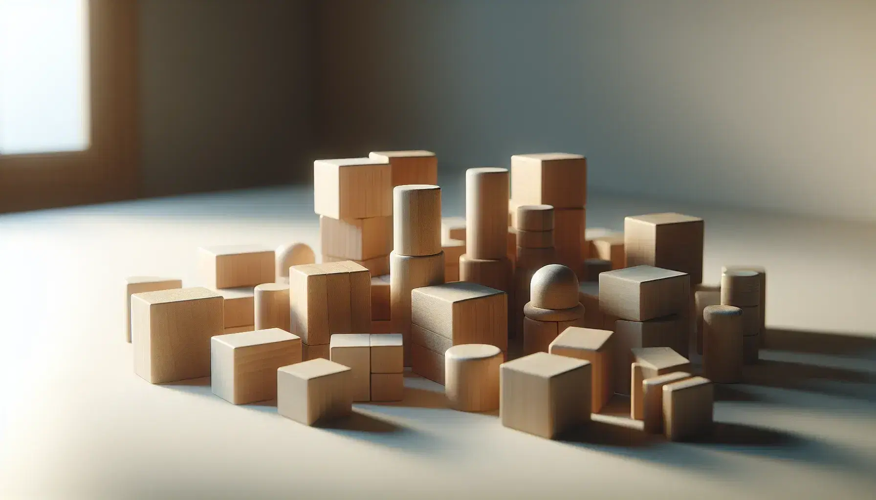 Bloques de madera de diferentes formas y tamaños sobre superficie lisa, con sombras suaves y enfoque en la textura natural de la madera.
