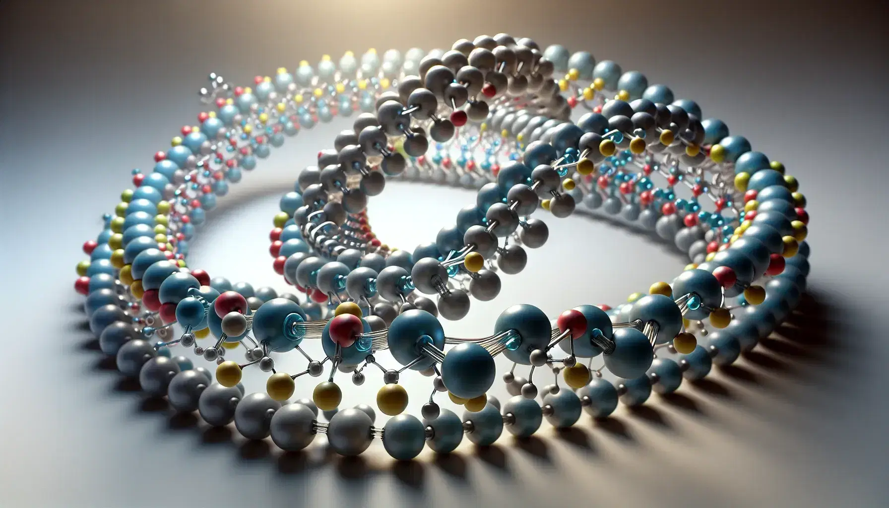 Estructura helicoidal de moléculas con esferas de colores conectadas por varillas grises, destacando su complejidad y tridimensionalidad sobre fondo neutro.