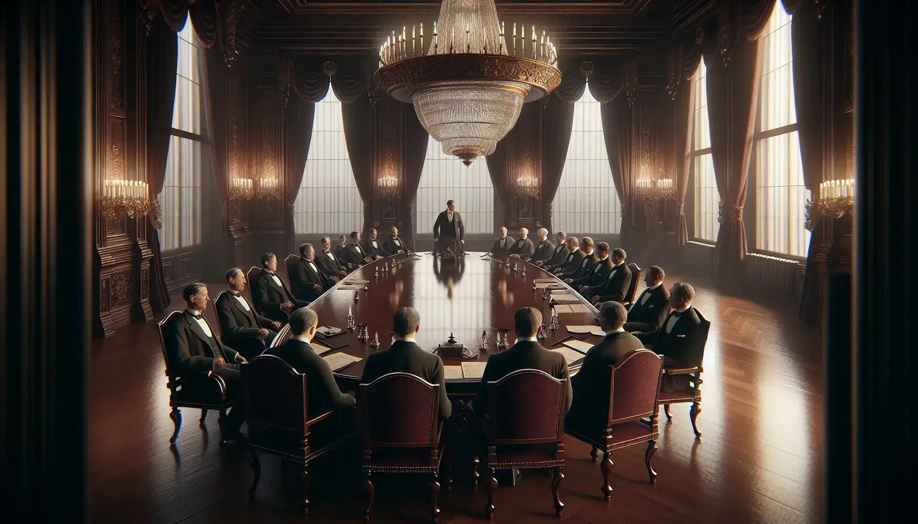 Early 20th-century European conference room with an oval wooden table, high-backed chairs, and formally dressed figures engaged in discussion.