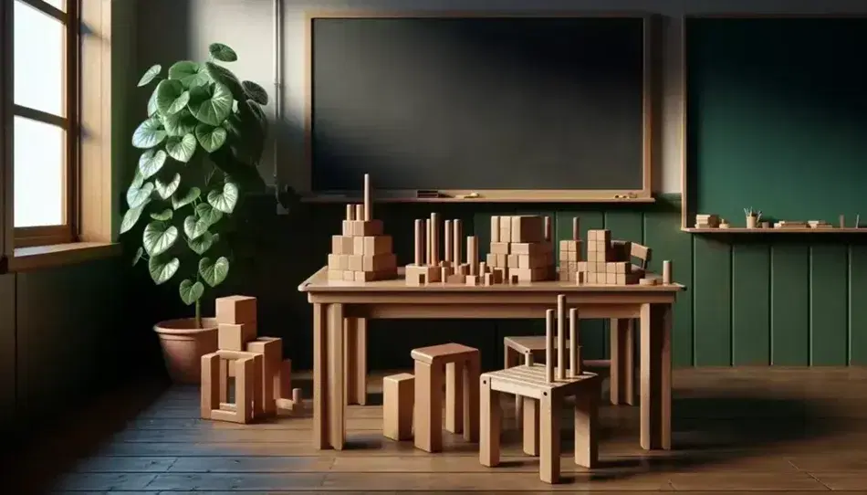 Aula tradicional con mesa de madera y bloques de construcción variados, silla a juego, pizarra verde limpia y planta interior en maceta terracota.