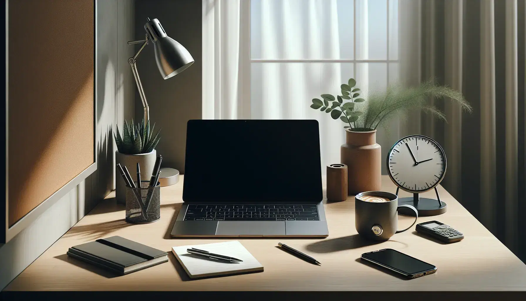 Scrivania in legno chiaro con laptop aperto, taccuino e penna, cellulare, orologio da tavolo e tazza di caffè, davanti a finestra con piante.